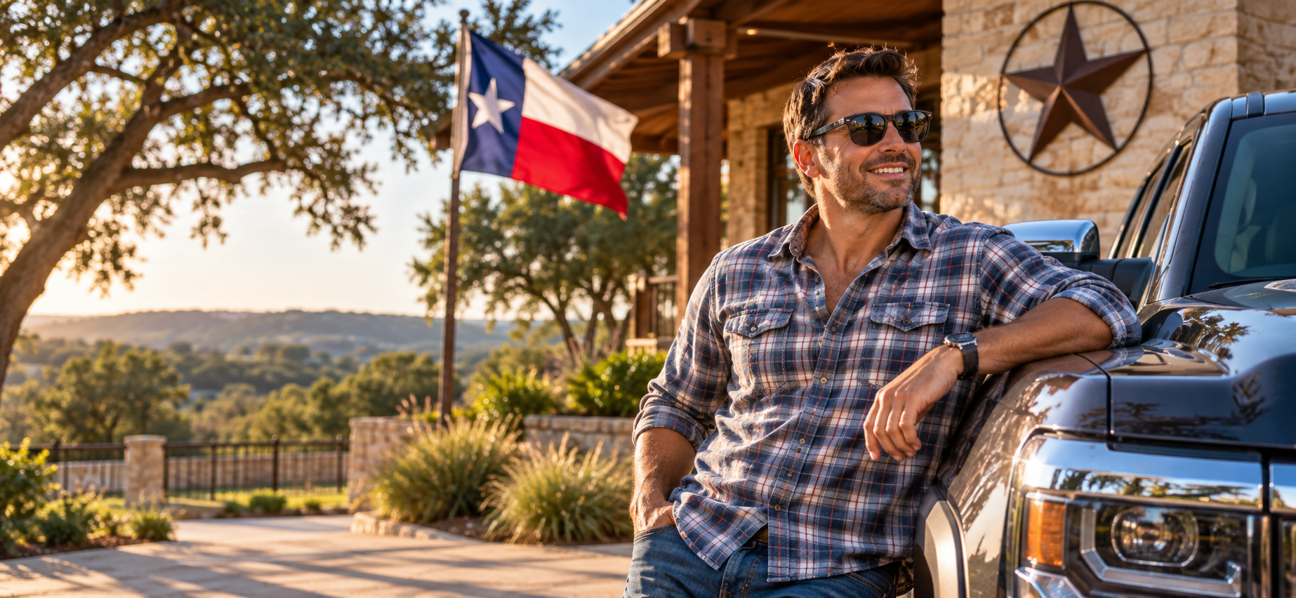A Texas driver beside his pickup in the Hill Country, with a Texas flag and Lone Star wall decor.