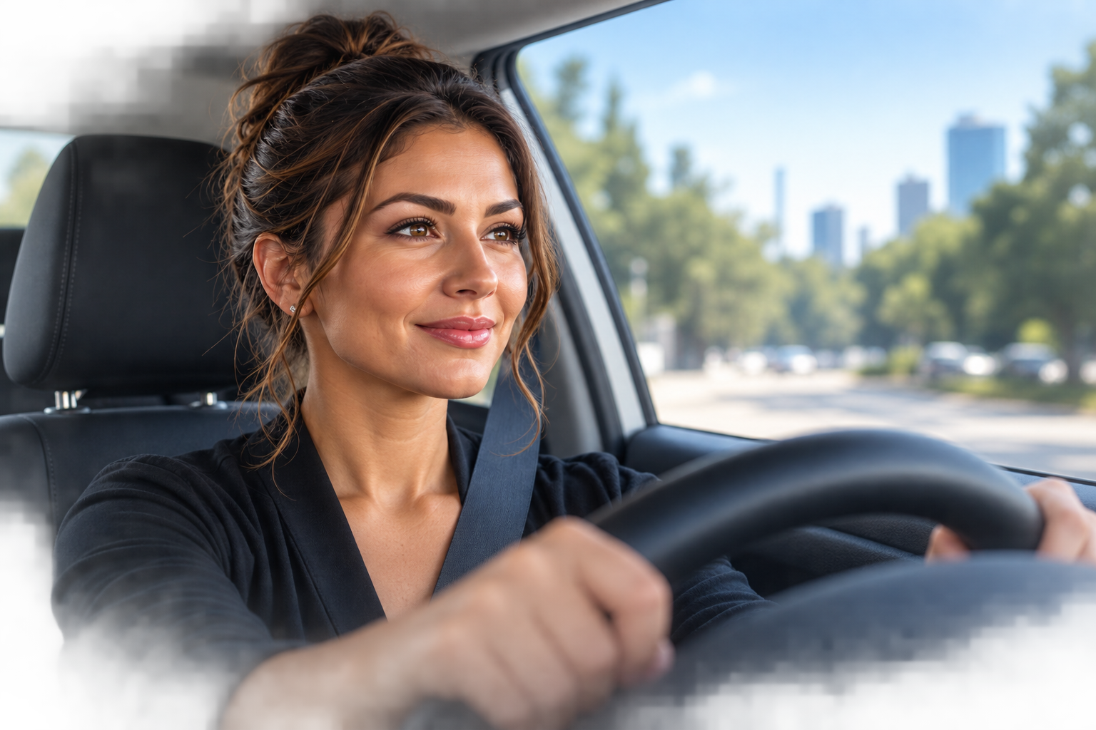 A seat-belted driver looking ahead down the road.